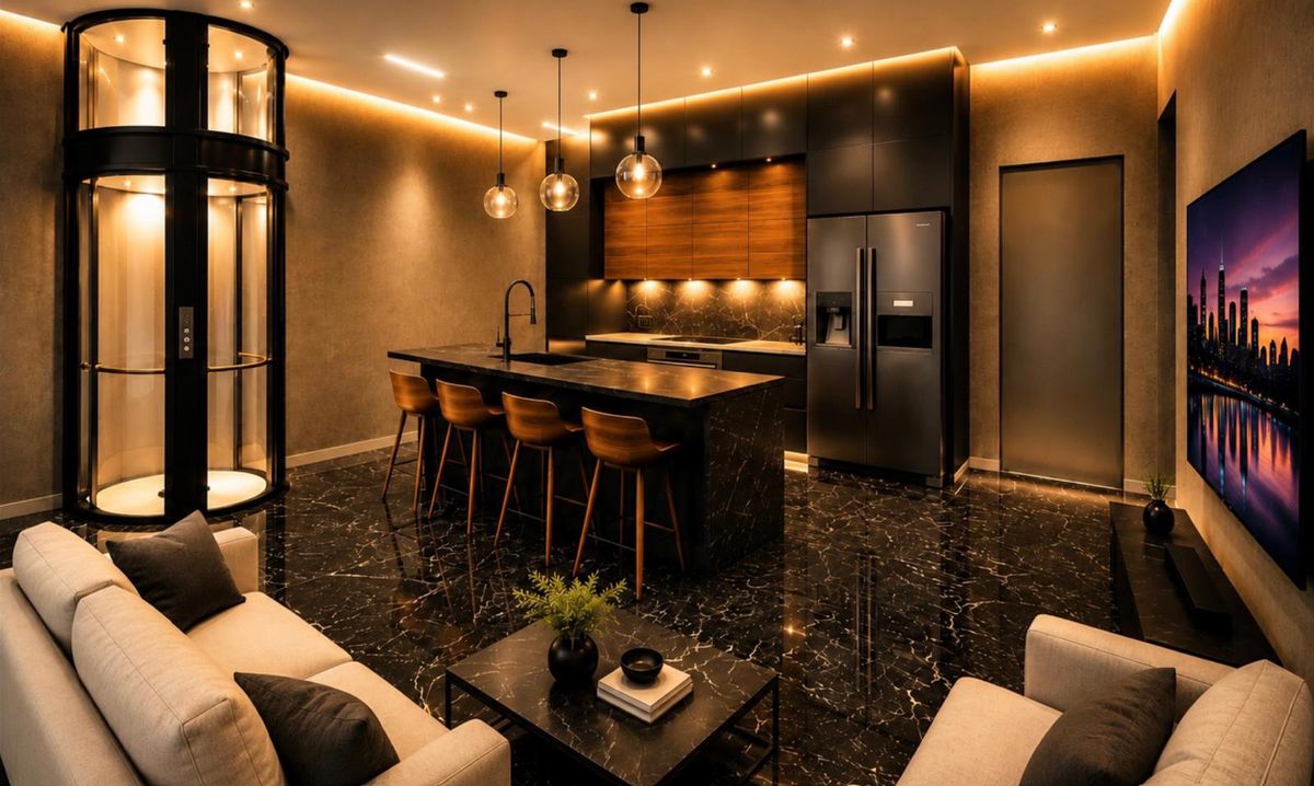 Gaudí Villas Kitchen Interior Rendering (Custom entrance arch layout)